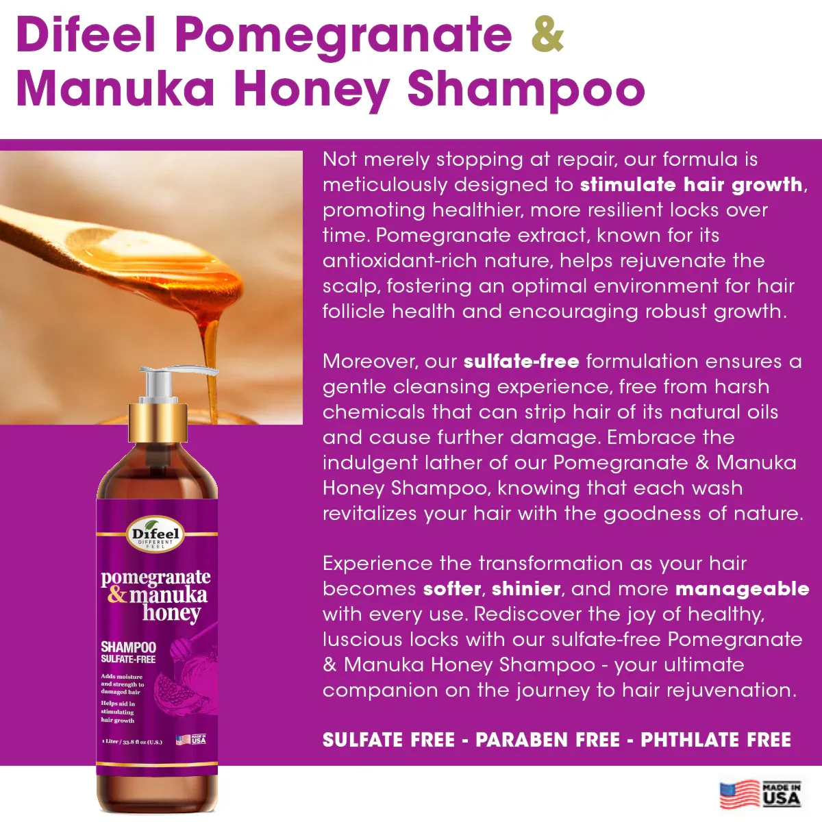 Difeel Pomegranate & Manuka Honey Sulfate-Free Shampoo - Choose Size
